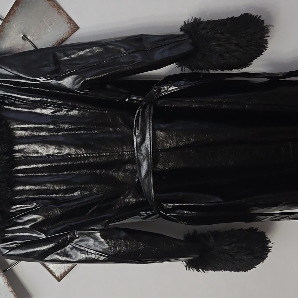 Black Faux Fur Trimmed Women's Coat - Picture 3 of 3